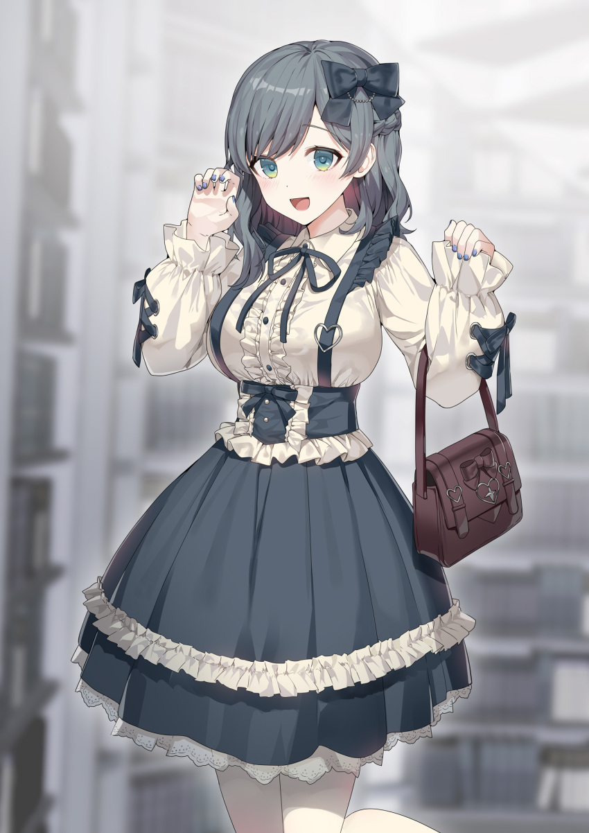1girl :d bag black_bow black_hair black_ribbon black_skirt blue_nails blurry blurry_background bow breasts center_frills collared_shirt commentary_request commission depth_of_field dress_shirt feet_out_of_frame frilled_skirt frills green_eyes hair_bow handbag highres large_breasts lolita_fashion long_hair long_sleeves looking_at_viewer nail_polish neck_ribbon original pantyhose pinching_sleeves pixiv_commission puffy_long_sleeves puffy_sleeves ribbon ronopu shirt skirt sleeves_past_wrists smile solo standing standing_on_one_leg suspender_skirt suspenders swept_bangs white_pantyhose white_shirt