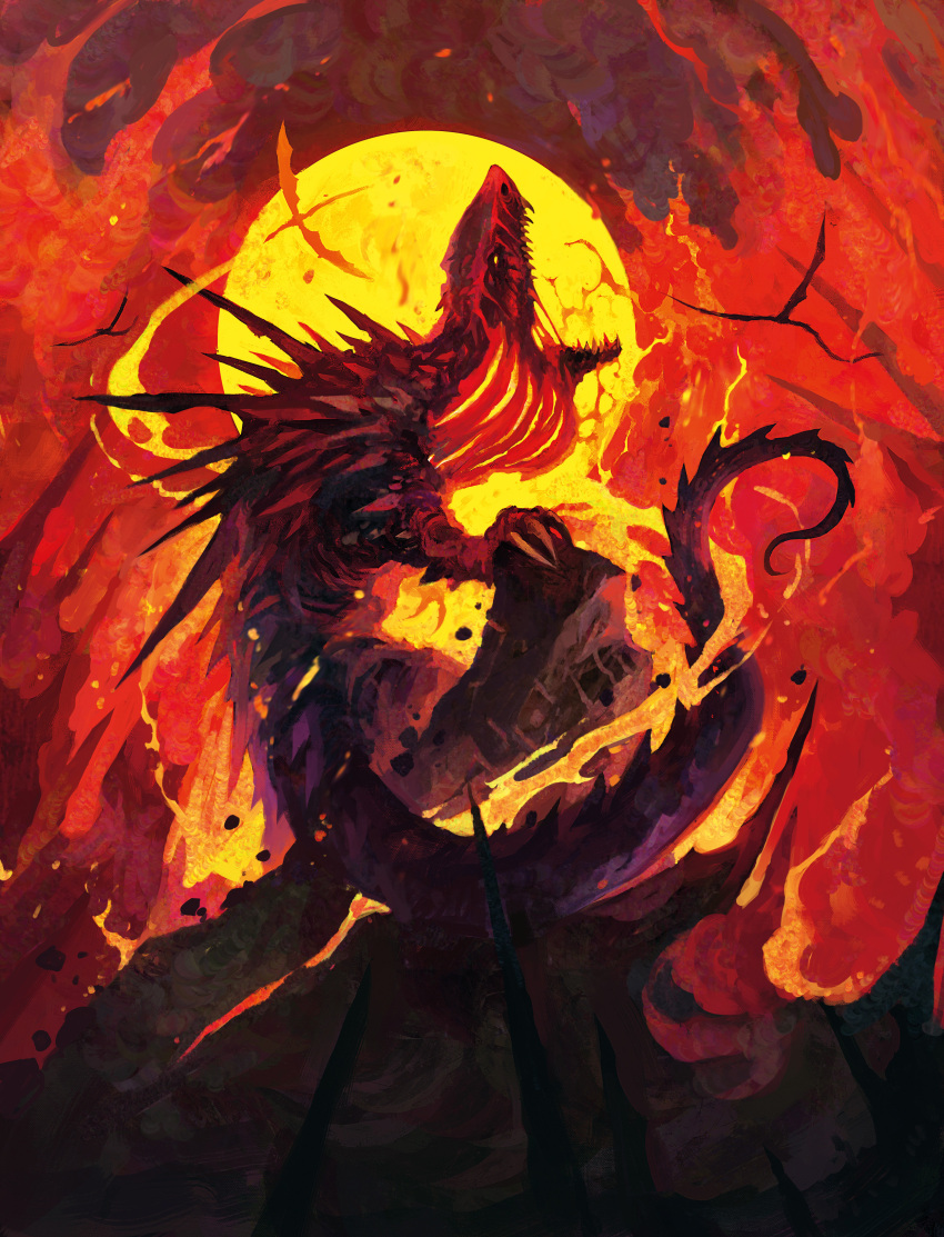 absurdres animal_focus burning claws commentary dominik_mayer dragon english_commentary fire from_side full_body highres magic:_the_gathering monster no_humans official_art on_rock open_mouth outdoors rock sharp_teeth smoke solo spikes spitfire_lagac sun tail teeth