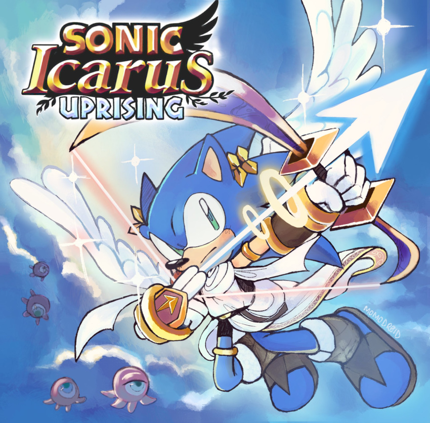 1boy angel angel_wings arrow_(projectile) blue_sky bow_(weapon) cosplay crossover furry furry_male gloves green_eyes highres holding holding_bow_(weapon) holding_weapon kid_icarus kid_icarus_uprising laurel_crown momodr0id monoeye one-eyed parody pit_(kid_icarus) pit_(kid_icarus)_(cosplay) signature sky solo sonic_(series) sonic_the_hedgehog sparkle tentacles weapon white_gloves wings