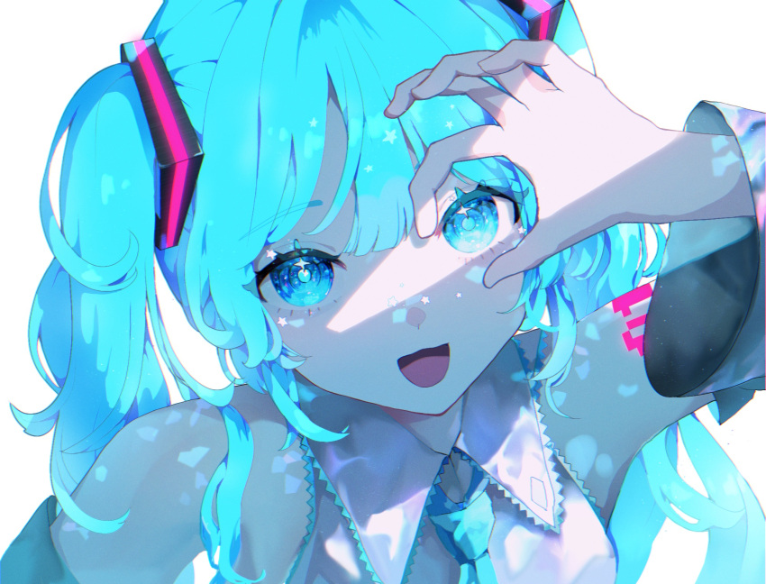 1girl black_sleeves blue_eyes blue_hair blue_necktie detached_sleeves grey_shirt hatsune_miku highres long_hair long_sleeves necktie number_tattoo ringed_eyes shadow shirt shoulder_tattoo simple_background solo star_(symbol) star_in_eye symbol_in_eye tattoo twintails upper_body vocaloid white_background yuyufufu