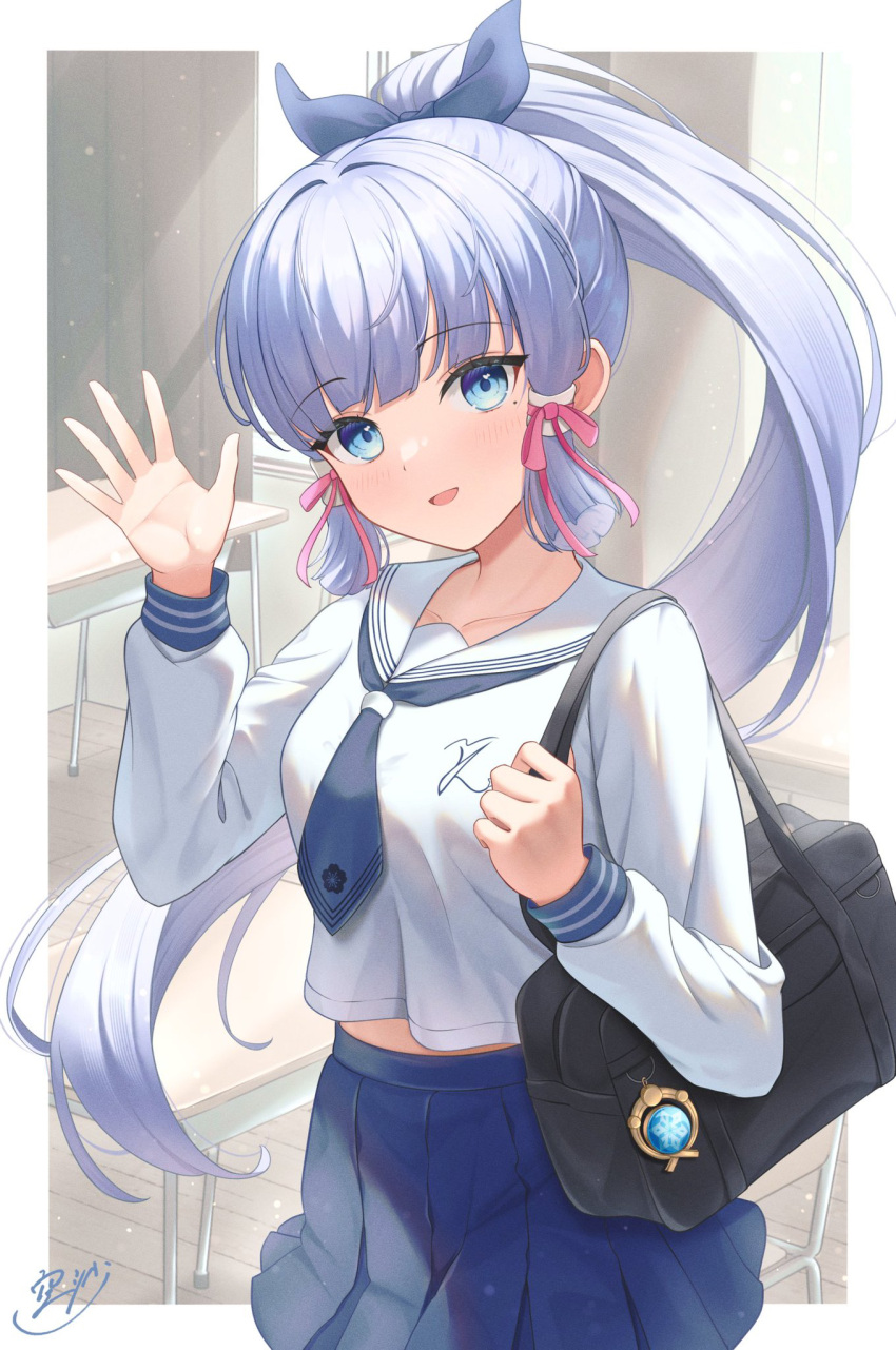 1girl :d alternate_costume bag blue_bow blue_bowtie blue_eyes blue_hair border bow bowtie breasts butterfly_ring classroom collarbone desk dot_nose genshin_impact grey_ribbon hair_bow hand_up head_tilt highres indoors kamisato_ayaka large_breasts light_blue_hair light_blush long_sleeves looking_at_viewer midriff pleated_skirt ponytail red_bow red_ribbon ribbon school_desk school_uniform serafuku shirt shoulder_bag signature skirt smile sola_num_5130 solo sunlight uniform vision_(genshin_impact) white_border white_shirt white_sleeves