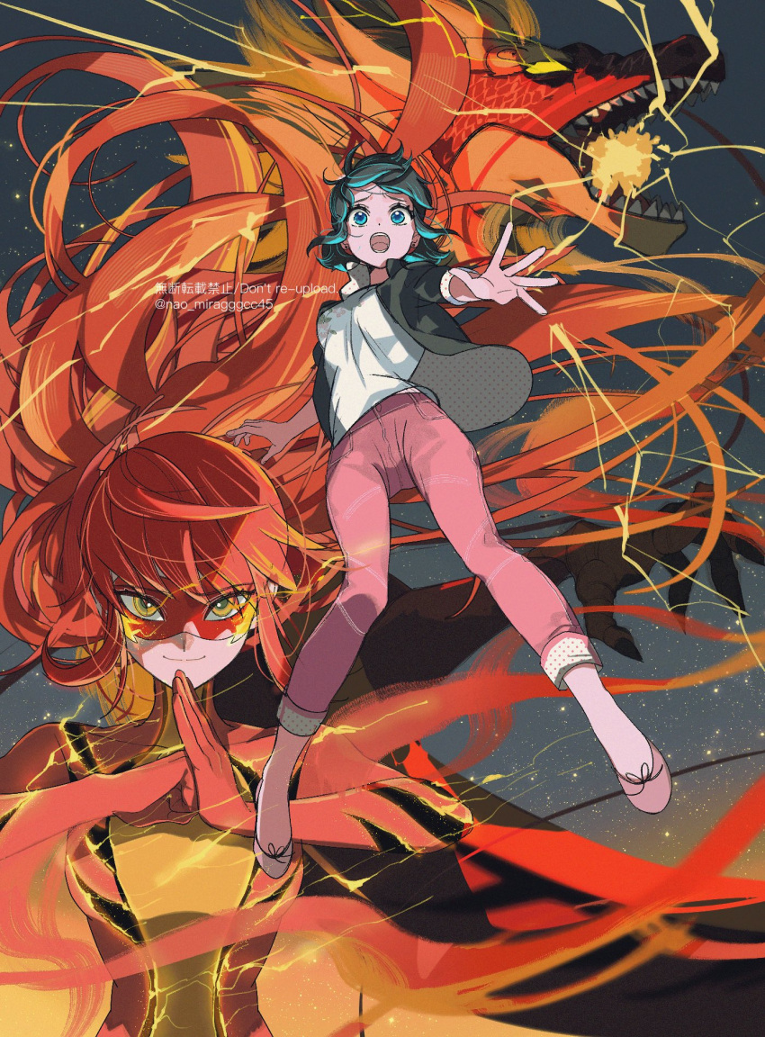 black_jacket blazer blue_eyes blue_hair closed_mouth dragon dragon_girl fei_wu highres jacket long_hair looking_at_viewer marinette_dupain-cheng night night_sky open_clothes open_jacket open_mouth orange_eyes orange_hair pants pink_footwear pink_pants redhead seio_(nao_miragggcc45) shirt short_twintails sky smile twintails upper_body white_shirt