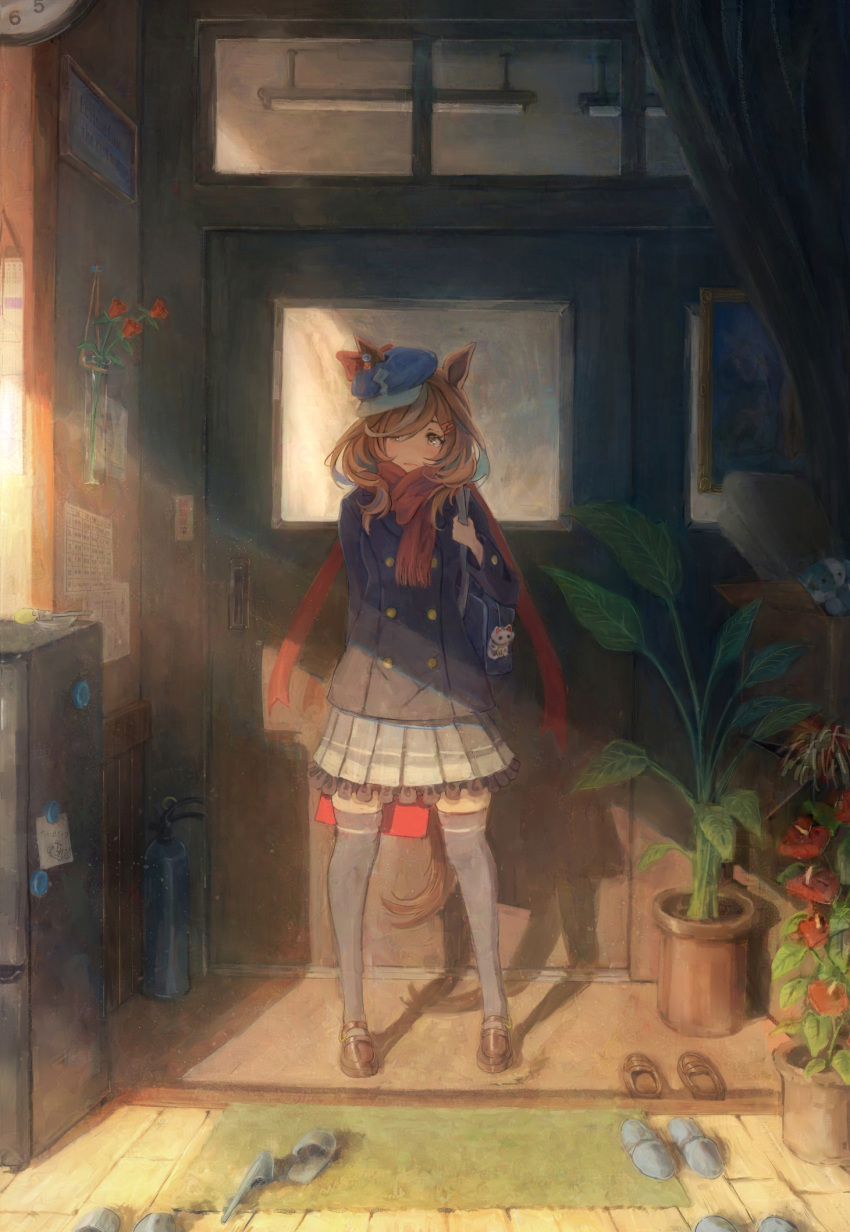 1girl animal_ears bag brown_eyes brown_footwear brown_hair closed_mouth door ears_through_headwear flower frilled_skirt frills full_body hair_over_one_eye hat highres horse_ears horse_girl horse_tail indoors jacket long_sleeves looking_at_viewer matikane_tannhauser_(umamusume) medium_hair multicolored_hair plant pleated_skirt potted_plant red_scarf scarf school_uniform shoes skirt slippers solo standing streaked_hair suke_omi tail thigh-highs umamusume valentine white_skirt white_thighhighs window wooden_floor