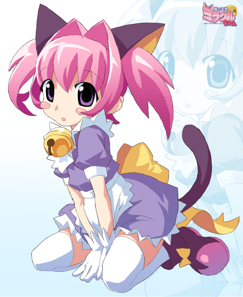 1girl absurdres animal_ears apron bell blush_stickers boots cat_ears cat_girl cat_tail colinarmis commentary_request dress gloves hair_intakes highres jingle_bell logo miracle-chan neck_bell original pink_hair purple_dress purple_footwear short_dress sitting solo tail thigh-highs twintails violet_eyes waist_apron wariza white_gloves white_thighhighs zoom_layer