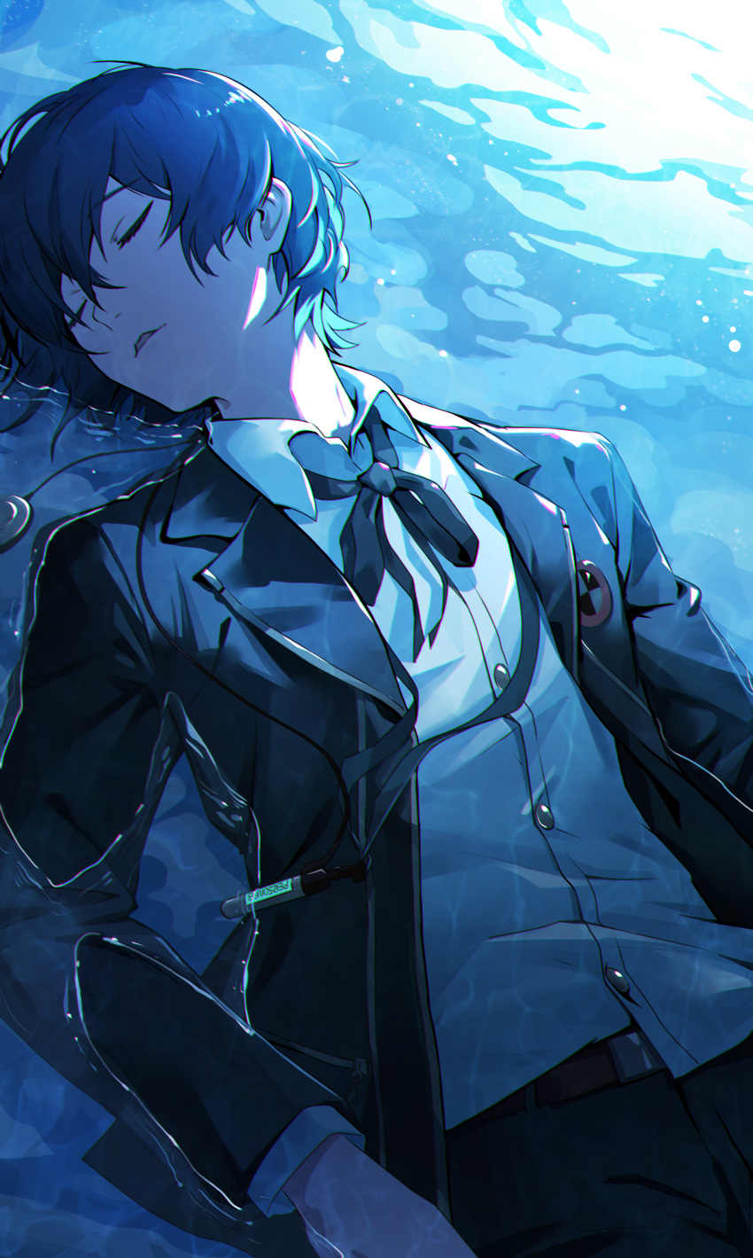 1boy absurdres black_jacket black_ribbon blue_hair closed_eyes collared_shirt commentary dark_blue_hair digital_media_player facing_to_the_side gekkoukan_high_school_uniform hair_between_eyes highres jacket kumo33 long_sleeves lying lying_on_water male_focus neck_ribbon on_back open_clothes open_jacket parted_lips partially_submerged persona persona_3 persona_3_reload ribbon school_uniform shirt short_hair solo upper_body water wet white_shirt yuuki_makoto_(persona_3)