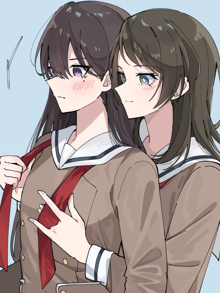 bang_dream! bang_dream!_it's_mygo!!!!! blue_background blush breasts brown_dress closed_mouth commentary_request dress hair_between_eyes hanasakigawa_school_uniform highres long_hair long_sleeves mole mole_under_eye multiple_girls nanami_(nunnun_0410) neckerchief open_mouth original red_neckerchief sailor_collar sailor_dress school_uniform shiina_taki simple_background undone_neckerchief untying upper_body white_sailor_collar yahata_umiri