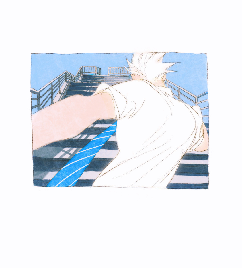1boy blue_background blue_necktie blue_sky bokuto_koutarou chengongzi123 chinese_commentary collared_shirt commentary_request facing_away from_behind haikyuu!! highres male_focus necktie outdoors running school_uniform shirt short_hair sky stairs striped_necktie upper_body very_short_hair white_hair white_shirt