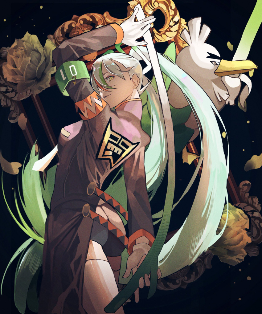 1girl bird black_background duck feathers fighting_miku_(project_voltage) flower food green_hair hatsune_miku highres holding holding_food holding_spring_onion holding_vegetable pokemon pokemon_(creature) project_voltage reo_(mmocc123) sirfetch'd spring_onion standing vegetable vocaloid white_feathers yellow_eyes
