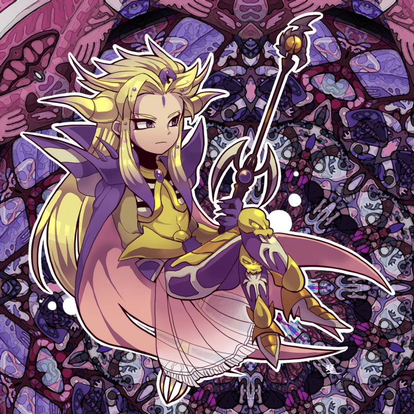 1boy abstract_background armor cape closed_mouth commentary_request crossed_legs emperor_(ff2) final_fantasy final_fantasy_ii floating full_body highres holding holding_staff horns kotorai male_focus purple_armor purple_cape shoulder_spikes sidelocks solo spikes staff violet_eyes yellow_horns