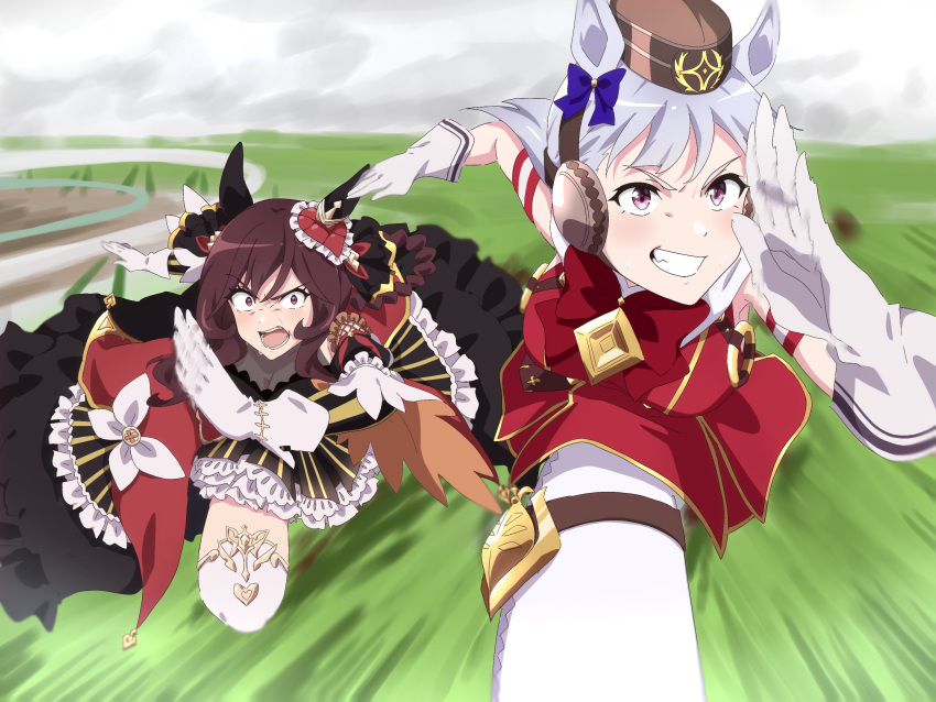 2girls animal_ears blue_bow blunt_bangs bow bowtie braided_hair_rings breasts brown_hair commentary_request dress ear_bow ear_covers gentildonna_(umamusume) gold_ship_(umamusume) grin highres horse_ears horse_girl horse_racing_track large_breasts long_hair looking_at_another multiple_girls nk-43g pantyhose partial_commentary pillbox_hat red_bow red_bowtie red_dress red_eyes running sleeveless sleeveless_dress smile takarazuka_kinen thigh-highs umamusume violet_eyes white_pantyhose white_thighhighs