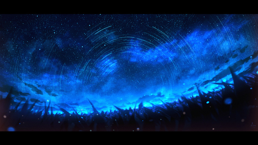 clouds grass highres horizon landscape letterboxed light_particles miloecute night night_sky no_humans original outdoors scenery signature sky star_(sky) star_trail starry_sky