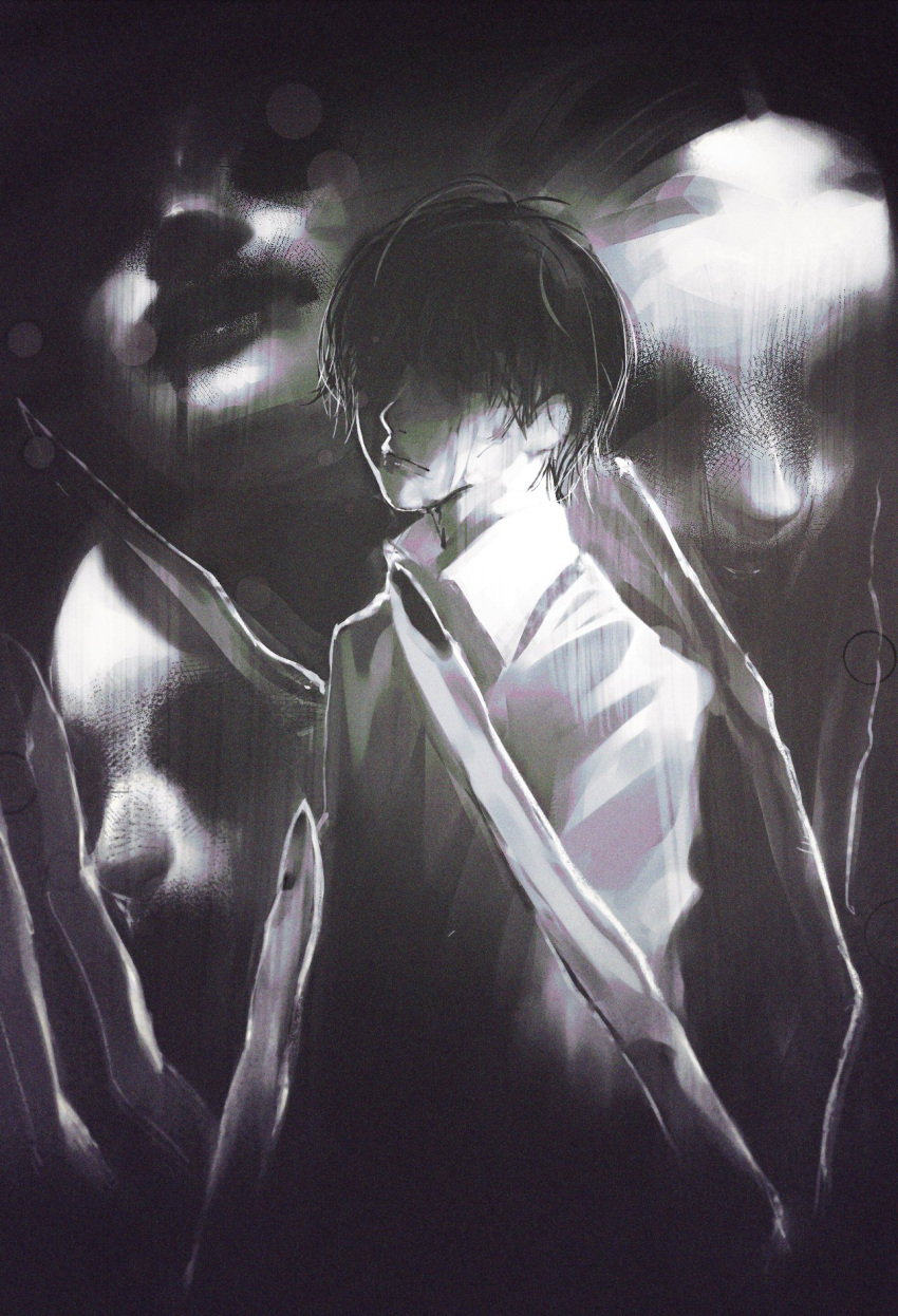 1boy ammenite between_fingers black_nails choujin_x collared_shirt covered_eyes dress_shirt highres holding long_fingers long_sleeves looking_at_viewer messy_hair monochrome monster multiple_faces noh_mask_(choujin_x) nue_(choujin_x) shaded_face shirt skeletal_hand white_shirt