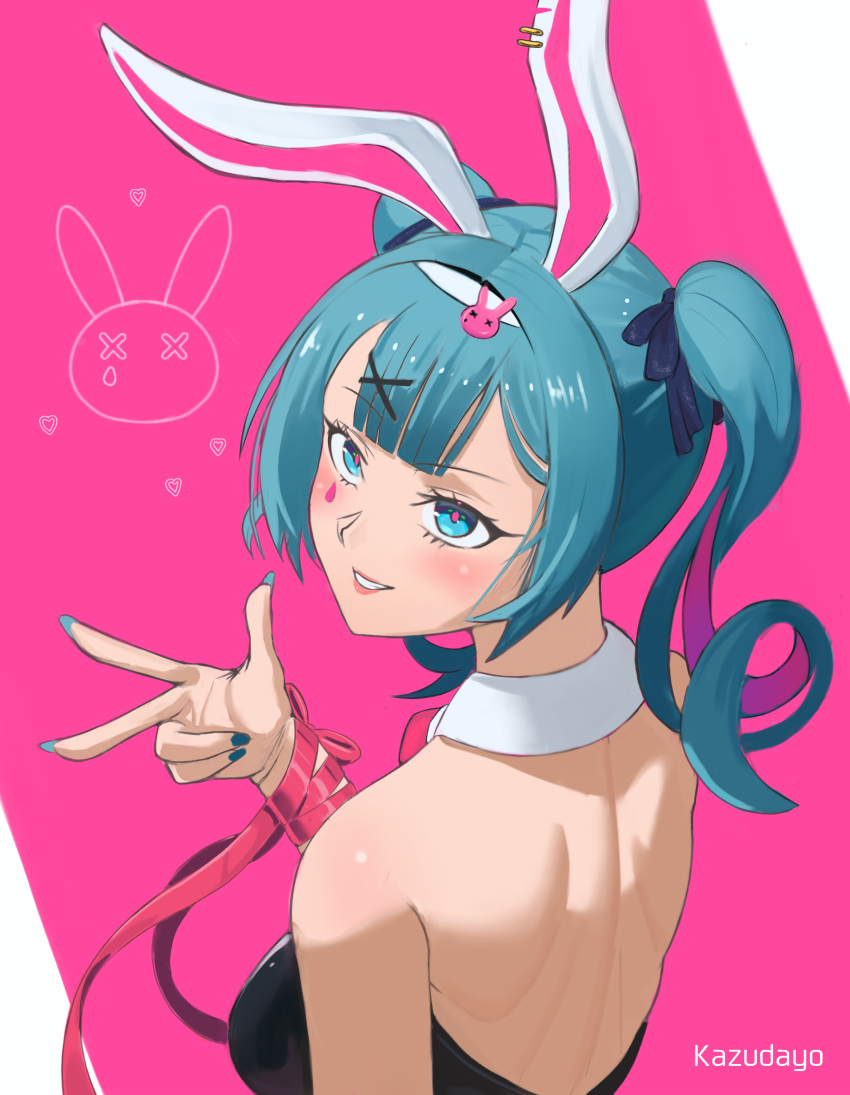 absurdres back blue_eyes blue_hair blush hair_ornament hand_up hatsune_miku highres kazudayo light_smile looking_at_viewer pink_background playboy_bunny rabbit_hole_(vocaloid) tape vocaloid watermark