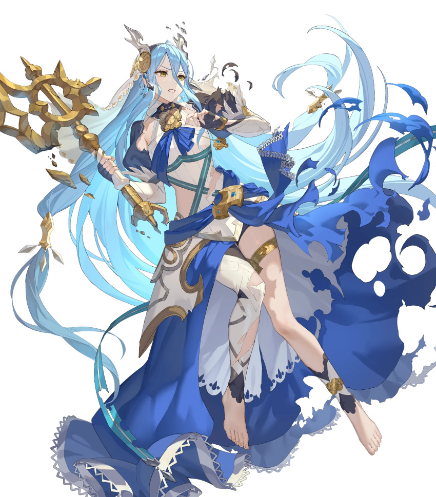 1girl axe azura_(fire_emblem) azura_(song's_reflection)_(fire_emblem) barefoot black_gloves blue_cape blue_hair blue_sash cape clenched_teeth corrin_(female)_(fire_emblem) corrin_(female)_(fire_emblem)_(cosplay) corrin_(fire_emblem) cosplay damaged dragon_horns fake_horns fingerless_gloves fire_emblem fire_emblem_fates fire_emblem_heroes gloves headdress highres holding holding_axe horns lace-trimmed_cape long_hair non-web_source official_alternate_costume official_art sash single_leg_pantyhose solo teeth thighlet torn_cape torn_clothes very_long_hair waist_cape yellow_eyes