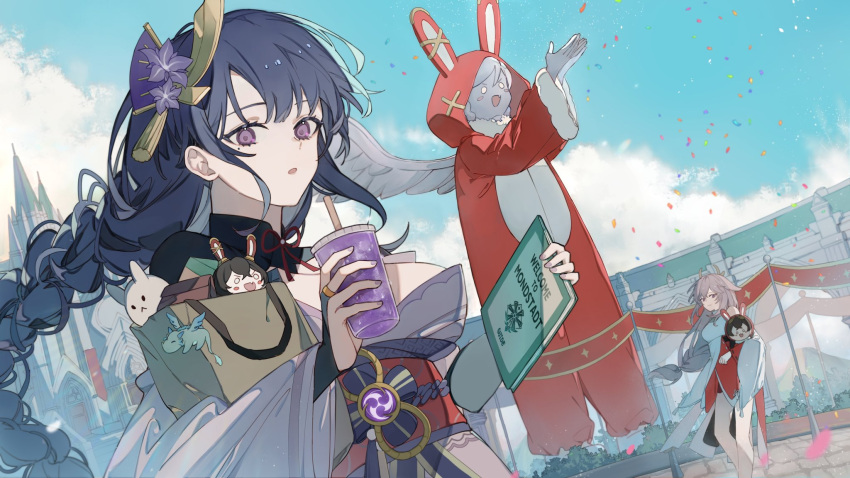 2girls baron_bunny_(genshin_impact) blue_sky braid bridal_gauntlets clouds cloudy_sky cup dodoco_(genshin_impact) drinking_straw dvalin_(genshin_impact) ellygretta genshin_impact hair_ornament highres holding holding_cup japanese_clothes long_hair long_sleeves looking_at_viewer mole mole_under_eye multiple_girls obi outdoors parted_lips pink_hair purple_hair purple_nails raiden_shogun sash sky standing violet_eyes wide_sleeves yae_miko