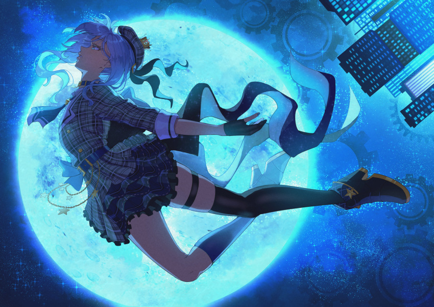 1girl absurdres asymmetrical_legwear beret black_gloves black_thighhighs blue_choker blue_nails choker dress full_body full_moon gloves hat highres hololive hoshimachi_suisei hoshimachi_suisei_(1st_costume) midorin_567 mismatched_legwear moon nail_polish parted_lips partially_fingerless_gloves side_ponytail single_thighhigh solo star_(sky) thigh-highs thigh_strap uneven_legwear virtual_youtuber