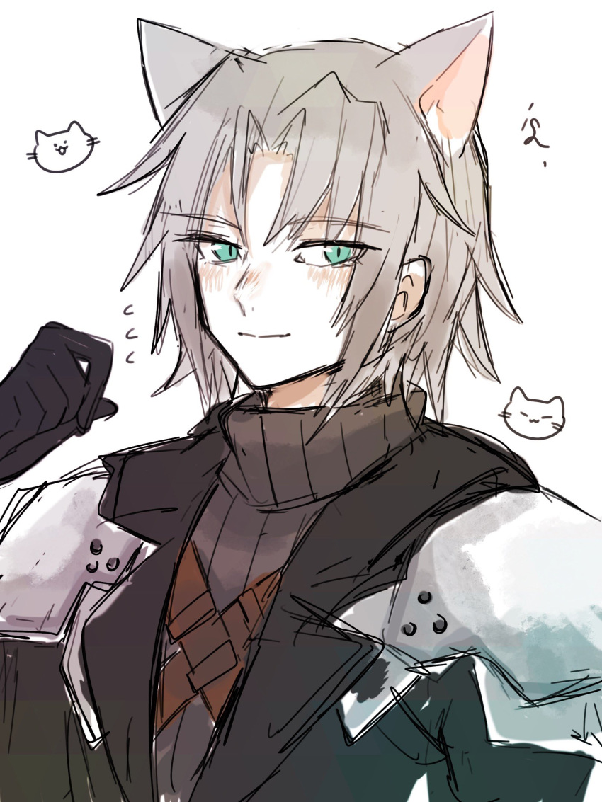 1boy aged_down animal_ears armor black_coat black_gloves black_sweater blush cat cat_ears chest_strap coat commentary_request embarrassed final_fantasy final_fantasy_vii final_fantasy_vii_ever_crisis flying_sweatdrops gloves green_eyes grey_hair hand_up highres kemonomimi_mode light_smile looking_to_the_side male_focus medium_hair open_clothes open_coat parted_bangs pauldrons plamt_cat sephiroth shoulder_armor signature simple_background slit_pupils solo sweater turtleneck turtleneck_sweater upper_body