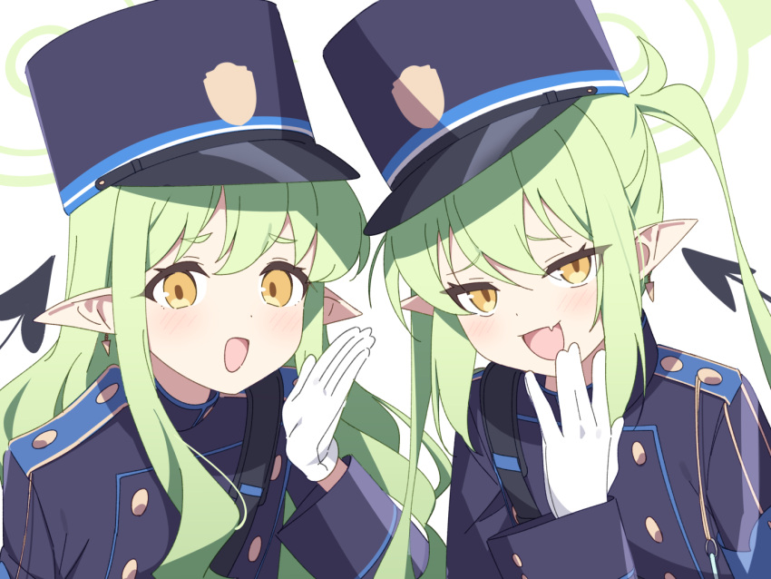 2girls black_hat black_shirt black_tail blue_archive blush demon_tail fang gloves green_hair green_halo hair_between_eyes halo hat long_hair long_sleeves looking_at_viewer multiple_girls open_mouth peaked_cap shirt simple_background skin_fang smile supershiruco tail twintails white_background white_gloves yellow_eyes