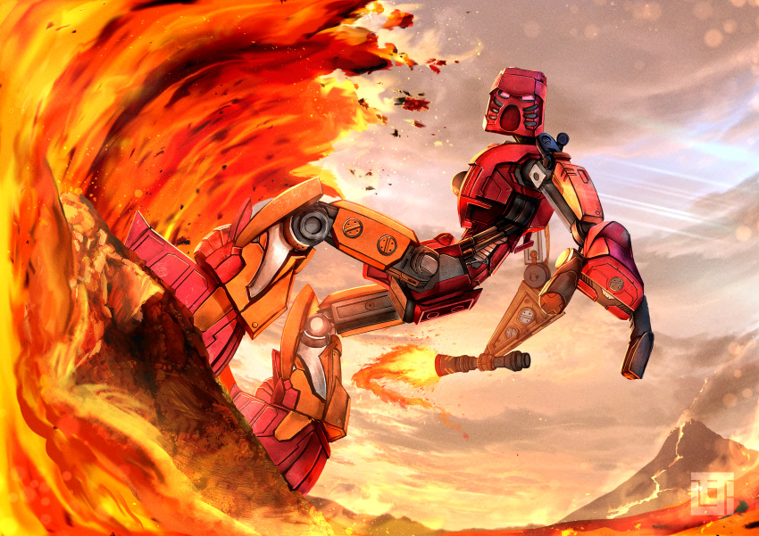 absurdres bionicle clouds cloudy_sky flaming_sword flaming_weapon highres holding holding_sword holding_weapon humanoid_robot kanohi_(bionicle) kozsen_810290 lava mask pink_eyes robot rock sky solo sunlight surfing sword tahu_(bionicle) the_lego_group volcano waves weapon