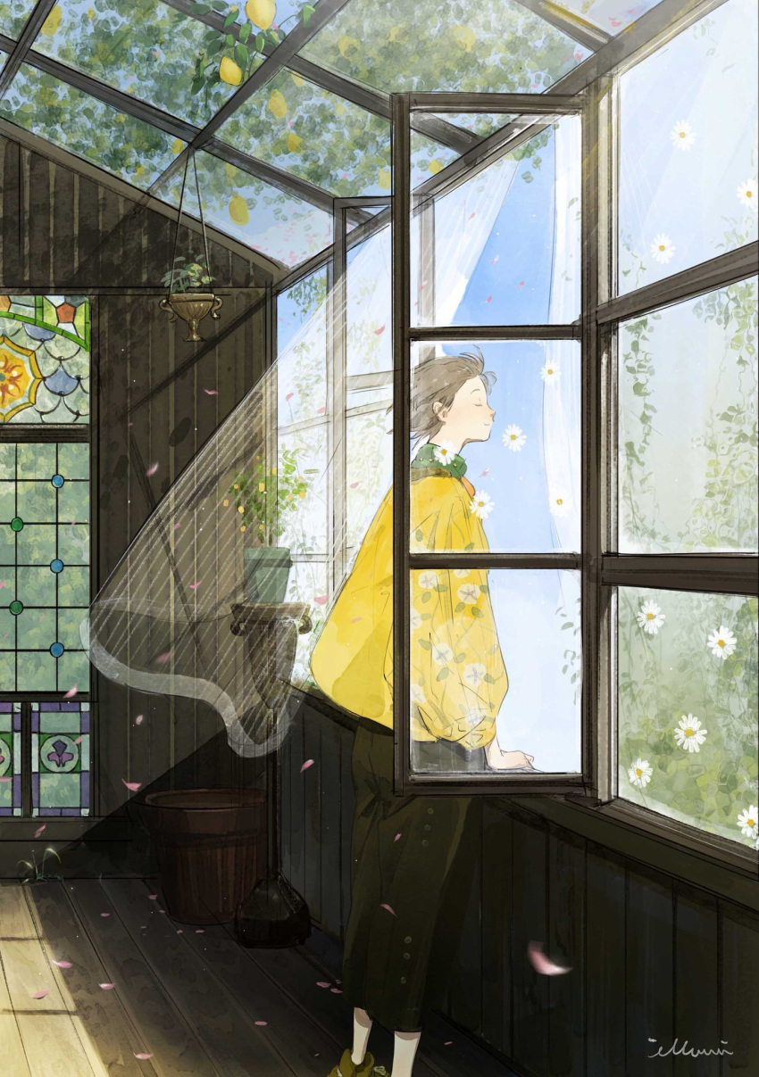 1boy artist_name black_pants closed_eyes closed_mouth curtains falling_petals from_side highres illumi999 indoors light_brown_hair male_focus original pants petals short_hair smile solo standing window wooden_floor