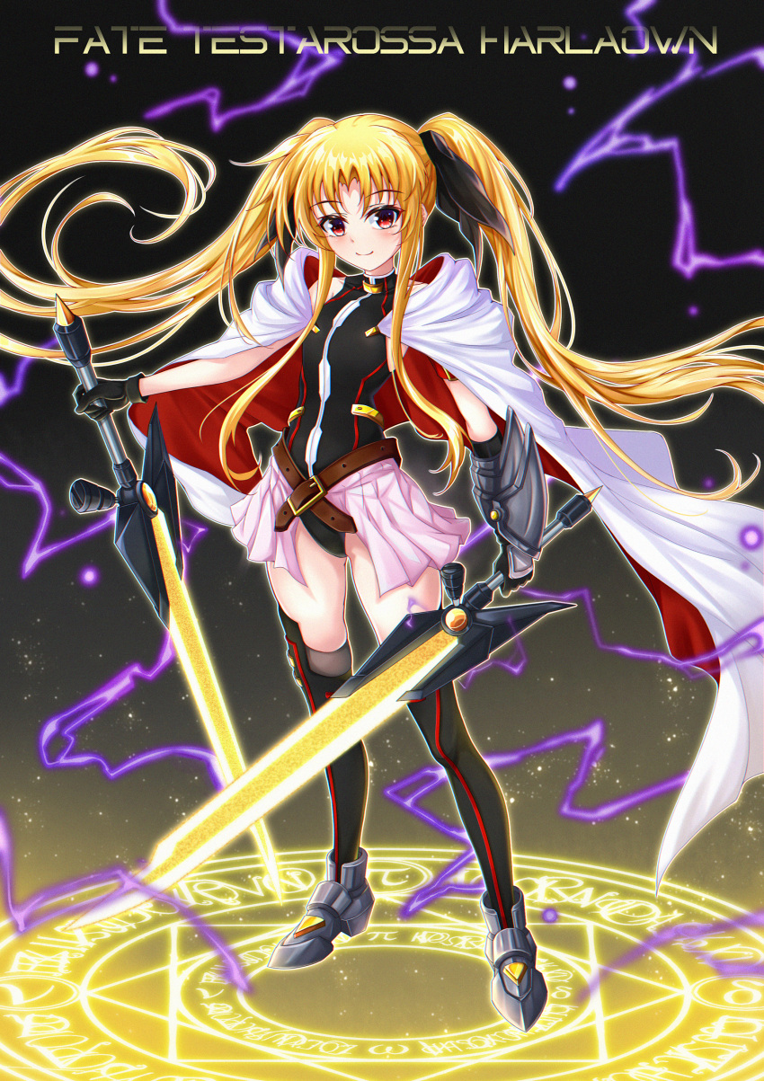 1girl absurdres armored_gloves armored_shoes asymmetrical_gloves bardiche_(nanoha) bardiche_(riot_zanber_stinger)_(nanoha) belt black_gloves blonde_hair cape dual_wielding energy_sword fate_testarossa fate_testarossa_(blaze_form) fate_testarossa_(lightning_form)_(2nd) full_body gloves highres holding holding_sword holding_weapon leotard leotard_peek lightning lyrical_nanoha magic_circle mahou_shoujo_lyrical_nanoha_innocent miying_(13975192760) red_eyes showgirl_skirt solo sword thigh-highs twintails two-sided_cape two-sided_fabric weapon white_cape