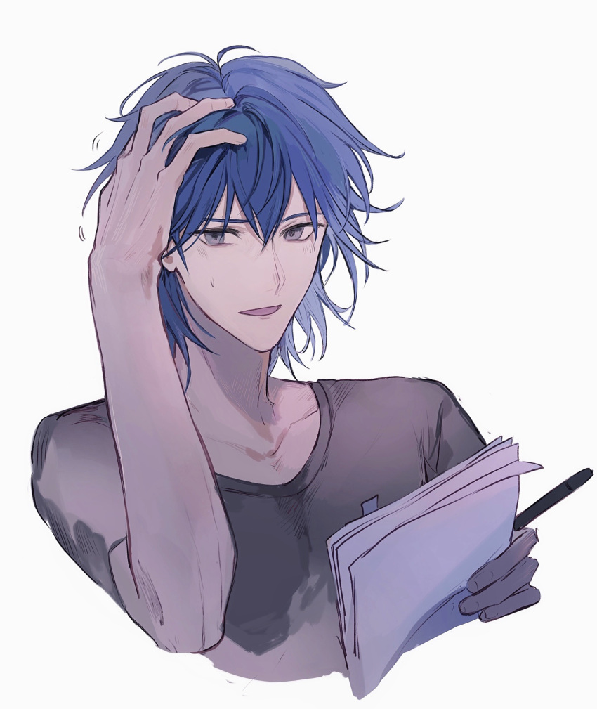 1boy bad_id bad_lofter_id blue_hair bruno_(yu-gi-oh!) cropped_torso grey_eyes grey_shirt hand_on_own_head hands_up highres holding holding_paper holding_pen looking_to_the_side male_focus medium_hair naoki_(2rzmcaizerails6) nervous_smile open_mouth paper pen scratching_head shirt simple_background smile solo sweatdrop t-shirt upper_body white_background yu-gi-oh! yu-gi-oh!_5d's