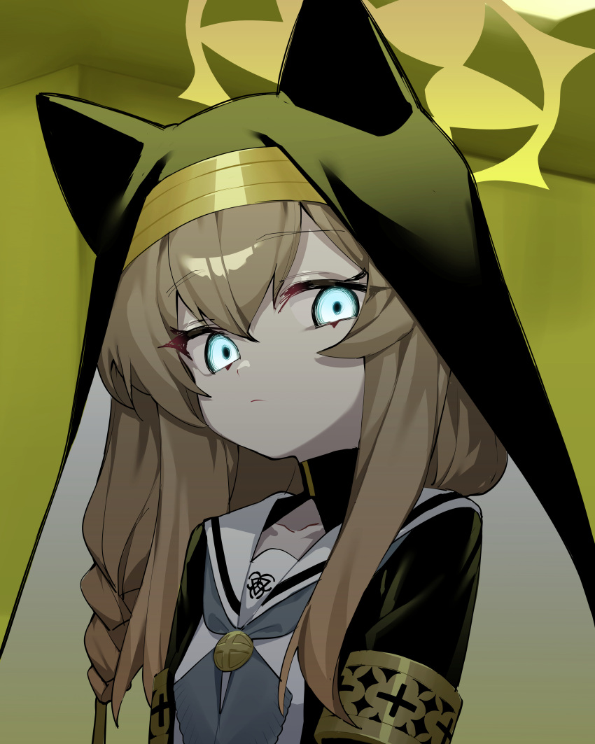 1girl absurdres animal_ear_headwear animal_ears blue_archive blue_eyes closed_mouth coif glowing glowing_eyes habit hair_between_eyes halo highres honi_(honi1010) long_hair looking_at_viewer mari_(blue_archive) nun orange_hair solo upper_body yellow_halo