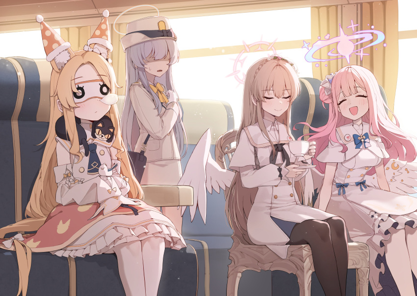 4girls absurdres angel_wings animal_ear_fluff animal_ears blue_archive cup feathered_wings fox_ears hair_bun halo highlander_railway_academy_student_(blue_archive) highres holding holding_cup kokukyukeo mika_(blue_archive) multiple_girls nagisa_(blue_archive) seia_(blue_archive) sitting sleep_mask sleeping smile tea_party_(blue_archive) thigh-highs train_conductor train_interior white_wings wings