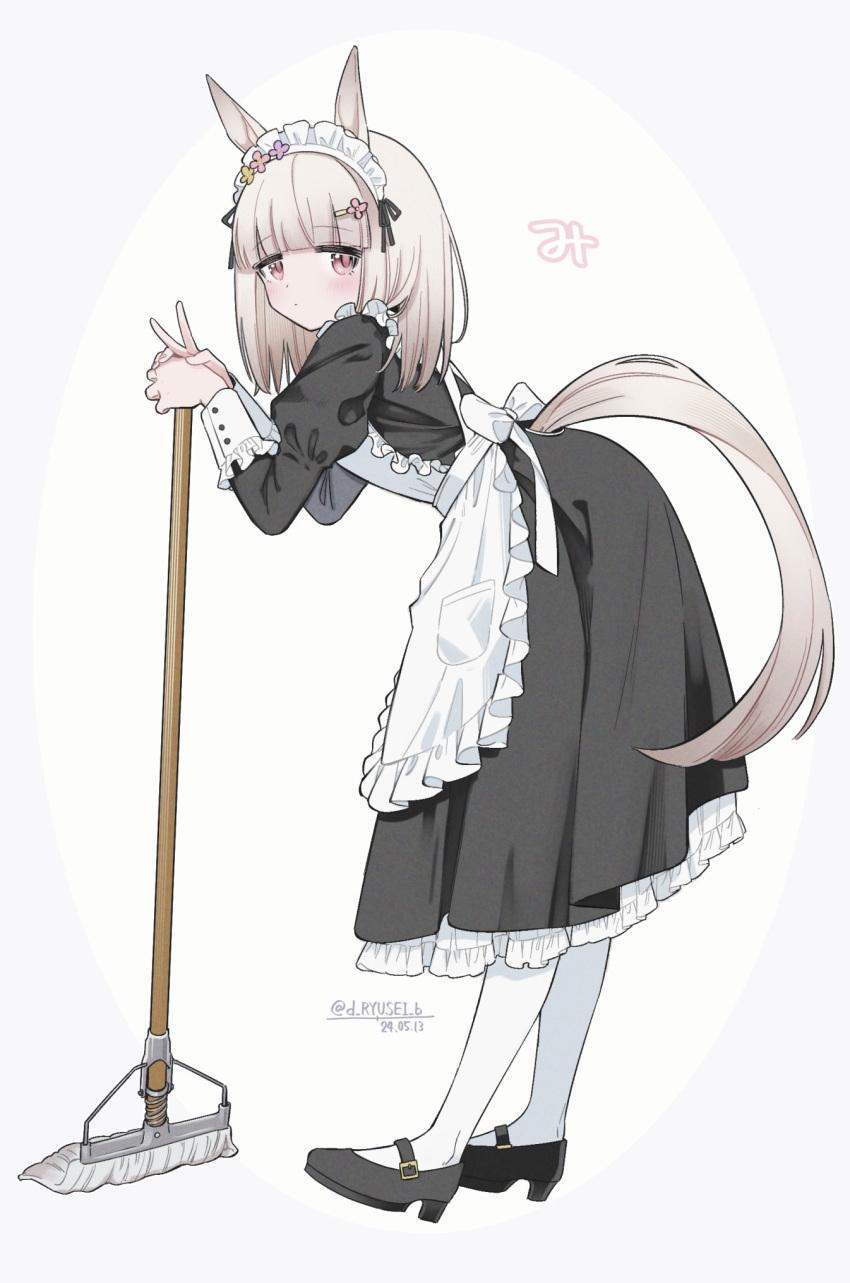 1girl alternate_costume animal_ears brown_eyes commentary_request dated enmaided expressionless full_body grey_hair hair_ornament happy_meek_(umamusume) highres horse_ears horse_tail looking_at_viewer maid maid_headdress mop ryusei_(ryusei_b) solo standing tail twitter_username umamusume v white_background