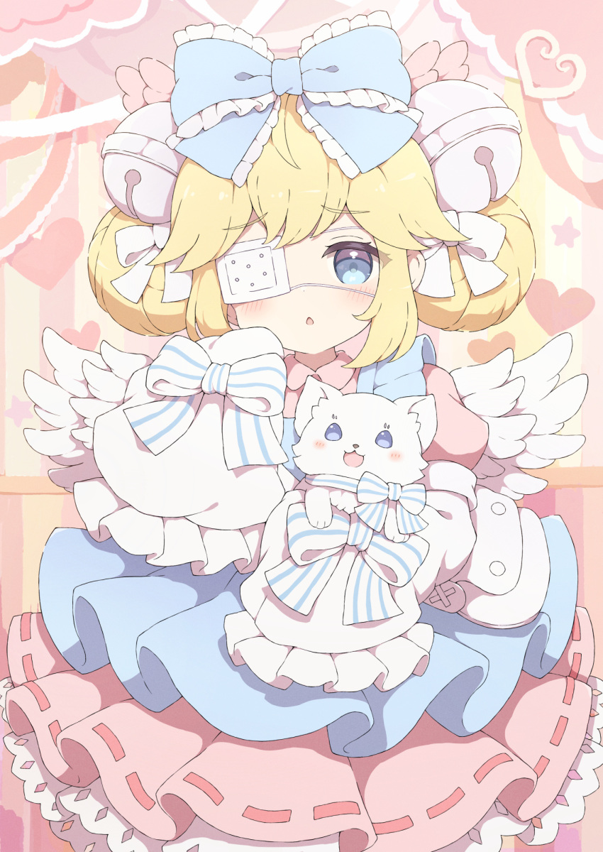 1girl bell blonde_hair blue_bow blue_eyes bow cat commission dress eyepatch hair_bell hair_bow hair_ornament highres jingle_bell long_sleeves medical_eyepatch open_mouth original skeb_commission sleeves_past_fingers sleeves_past_wrists triangle_mouth tyakomes wings