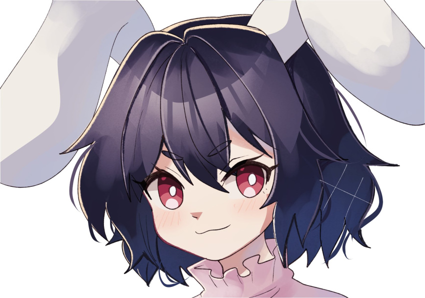 1girl :3 animal_ears black_hair closed_mouth commentary_request dress floppy_ears highres inaba_tewi looking_at_viewer pink_dress plus2sf rabbit_ears rabbit_girl red_eyes short_hair simple_background smile solo thick_eyebrows touhou upper_body white_background