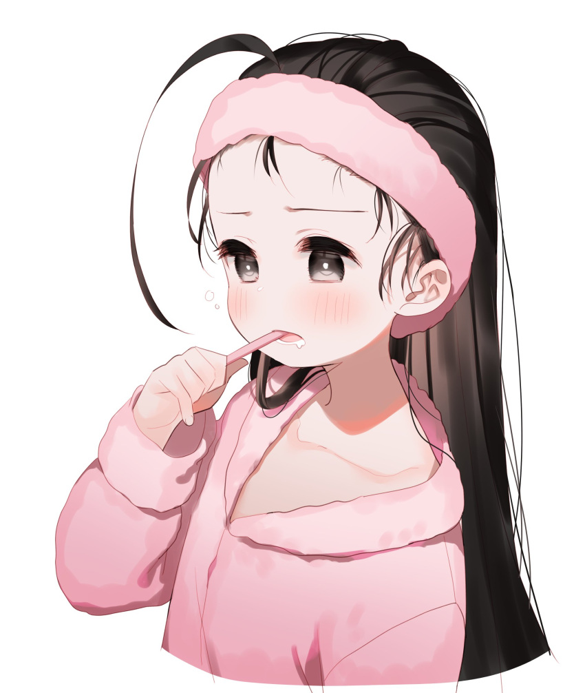 1girl black_hair blush brushing_teeth collarbone commentary_request cropped_torso forehead grey_eyes hand_up highres holding holding_toothbrush jacket long_hair long_sleeves meito_(maze) open_mouth original pink_jacket simple_background solo toothbrush upper_body white_background