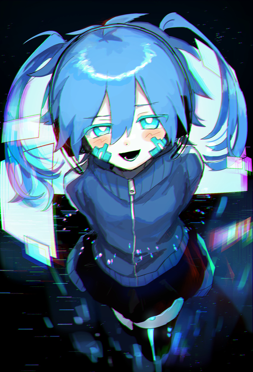 1girl arms_behind_back black_background black_skirt blue_eyes blue_hair blush chromatic_aberration colored_eyelashes digital_dissolve ene_(kagerou_project) facial_mark from_above hair_between_eyes headphones highres jacket kagerou_project light_particles long_hair looking_at_viewer octopachi open_mouth skirt smile solo thigh-highs track_jacket twintails zipper zipper_pull_tab