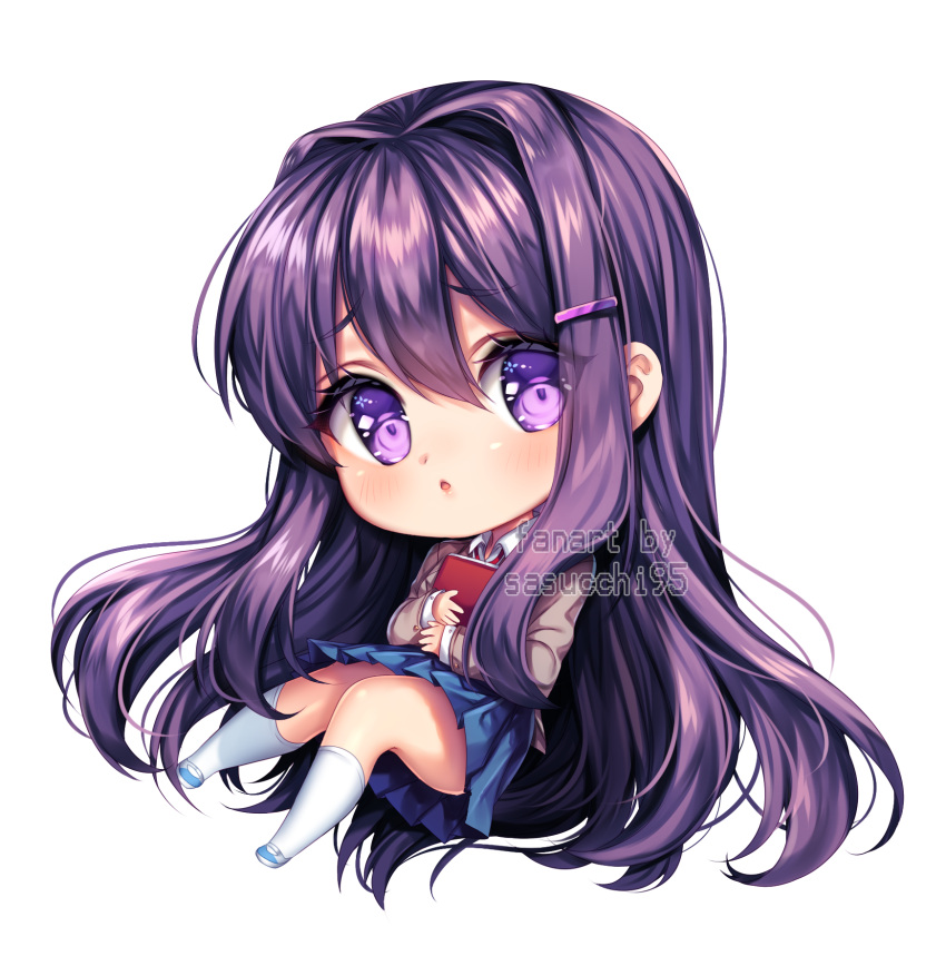 1girl aqua_footwear artist_name blazer blue_skirt blush book brown_jacket chibi chibi_only collared_shirt doki_doki_literature_club english_commentary full_body hair_between_eyes hair_ornament highres holding holding_book jacket kneehighs long_hair long_sleeves looking_to_the_side parted_lips pleated_skirt purple_hair sasucchi95 shirt sidelocks skirt socks solo transparent_background two-tone_footwear very_long_hair violet_eyes white_footwear white_shirt white_socks yuri_(doki_doki_literature_club)