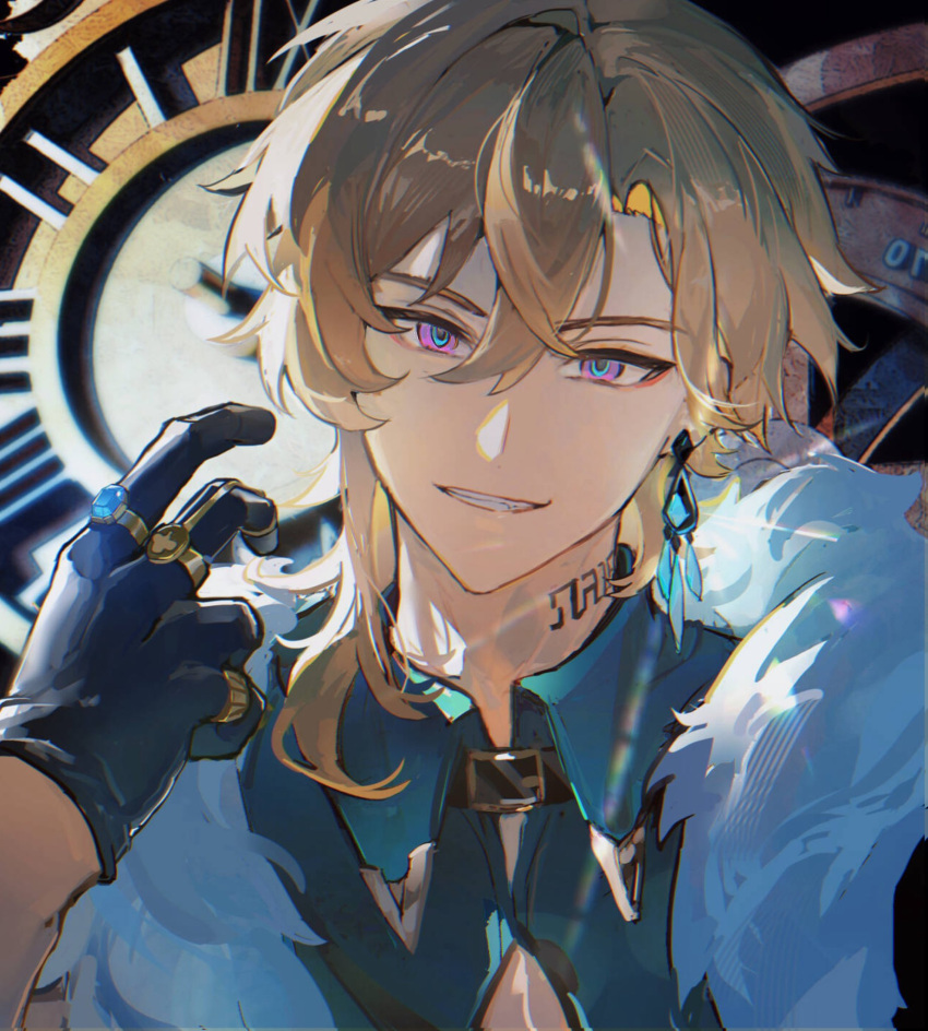 1boy aventurine_(honkai:_star_rail) black_collar black_gloves blonde_hair blue_eyes blue_gemstone blue_shirt chinese_commentary clothing_cutout collar collared_shirt dial earrings fang fur_trim gem gloves gold_ring hair_between_eyes hand_up heart_cutout highres honkai:_star_rail honkai_(series) jewelry looking_at_viewer male_focus miliya multicolored_eyes neck_tattoo pink_eyes ring shirt short_hair single_earring smile solo sparkle tattoo teeth upper_body