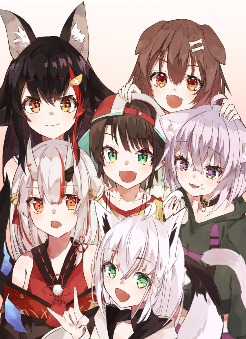 6+girls :d ahoge animal_collar animal_ears backwards_hat baseball_cap bell black_collar black_hair black_hoodie black_kimono braid brown_hair cat_ears cat_girl center-flap_bangs closed_mouth collar demon_girl demon_horns detached_sleeves dog_ears dog_girl dot_nose double-parted_bangs double_bun eating fang fangs flipped_hair flower_knot food fox_ears fox_girl fox_shadow_puppet fox_tail front_slit gold_trim gradient_background green_eyes hair_between_eyes hair_bun hair_ornament hat highres holding holding_food hololive hololive_gamers hood hooded_vest hoodie horns inugami_korone inugami_korone_(1st_costume) japanese_clothes jingle_bell kimono long_hair long_sleeves looking_at_another looking_at_viewer multicolored_hair multiple_girls nakiri_ayame nakiri_ayame_(1st_costume) nekomata_okayu nekomata_okayu_(1st_costume) off_shoulder oni onigiri ookami_mio ookami_mio_(1st_costume) oozora_subaru oozora_subaru_(1st_costume) open_mouth orange_eyes pom_pom_(clothes) purple_hair red_kimono redhead shirakami_fubuki shirakami_fubuki_(1st_costume) shirt short_hair side_braid sidelocks sleeveless sleeveless_kimono smile spiky_hair strapless streaked_hair striped_clothes striped_shirt swept_bangs t-shirt tail tamago_nezumi tassel two-tone_headwear two-tone_shirt two_side_up vertical-striped_clothes vertical-striped_shirt very_long_hair vest violet_eyes virtual_youtuber white_hair white_sleeves wolf_ears wolf_girl