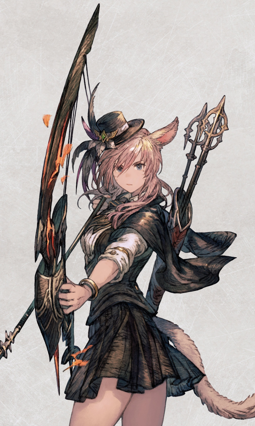 1girl absurdres animal_ears arrow_(projectile) bard_(final_fantasy) black_hat black_skirt blue_eyes bow_(weapon) bracelet cat_ears cat_girl cat_tail cowboy_shot drawing_bow fighting_stance final_fantasy final_fantasy_xiv from_side grey_background hat hat_feather hatching_(texture) highres holding holding_bow_(weapon) holding_weapon jewelry light_brown_hair looking_at_viewer maeka_(kumaekake) medium_hair miqo'te mole mole_under_eye outstretched_arm quiver serious shirt simple_background skirt solo standing tail top_hat warrior_of_light_(ff14) weapon white_shirt