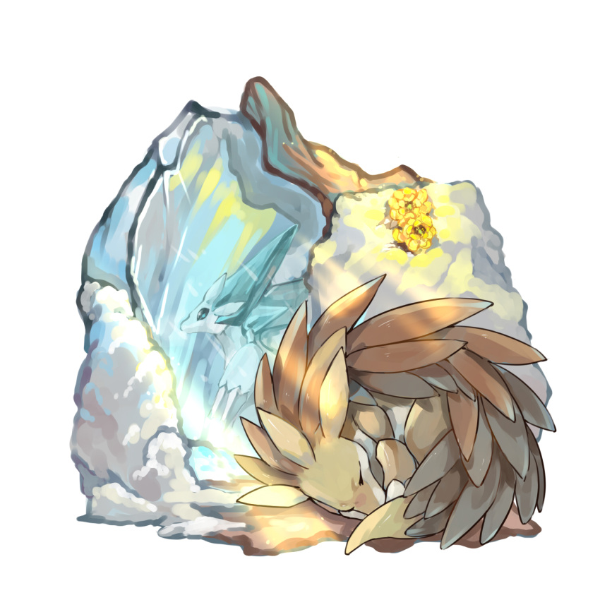 alolan_sandslash animal_focus blue_eyes claws closed_eyes crack crystal dlitw flower full_body highres no_humans pokemon pokemon_(creature) sandslash simple_background sleeping sunlight white_background yellow_flower