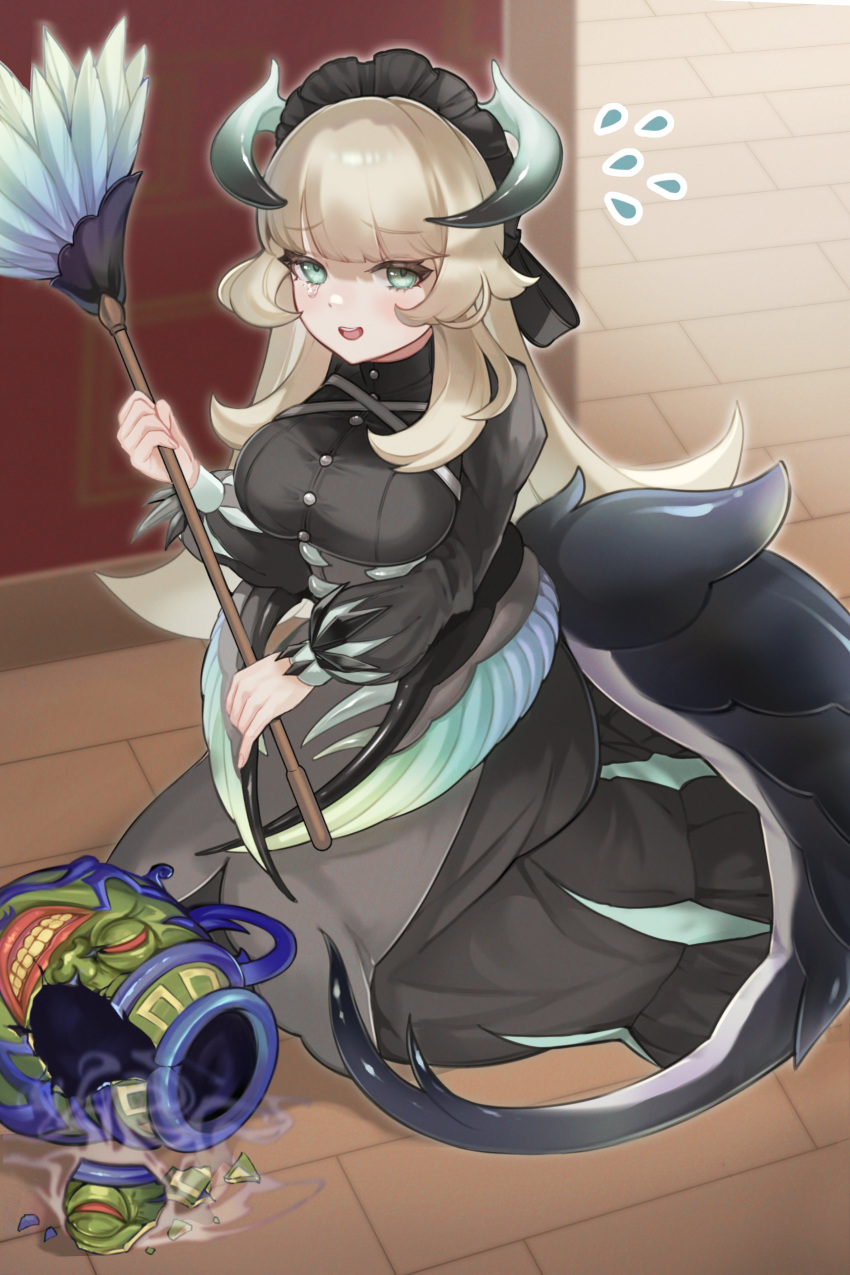 1girl absurdres black_dress blonde_hair breasts broom chamber_dragonmaid dragon_girl dragon_horns dragon_tail dress duel_monster green_eyes highres horns kneeling large_breasts long_hair long_sleeves looking_at_viewer maid maid_headdress open_mouth pot_of_greed senada37 smile solo tail tears wings yu-gi-oh!