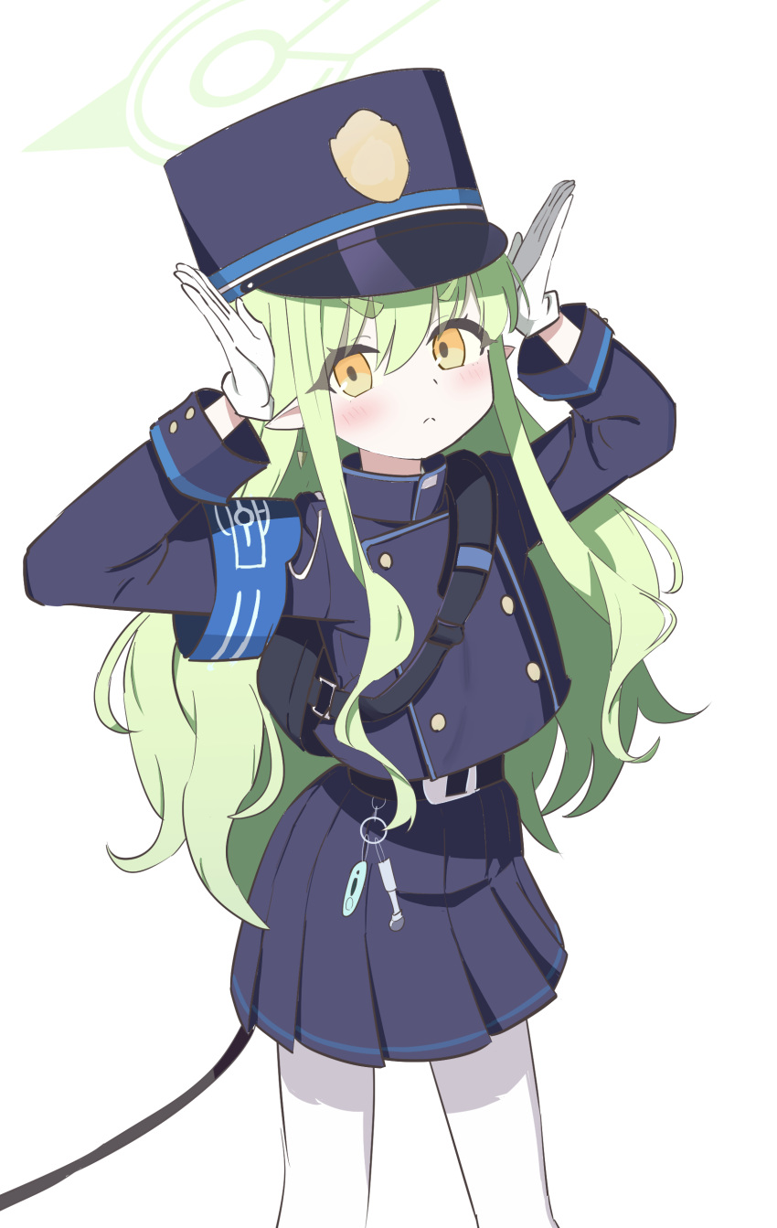 1girl absurdres armband arms_up belt black_belt black_hat black_jacket black_skirt blue_archive blue_armband blush closed_mouth cowboy_shot gloves green_hair green_halo hair_between_eyes halo hat highres hikari_(blue_archive) jacket long_hair long_sleeves nanase_(user_rrgd5857) pantyhose peaked_cap pleated_skirt pointy_ears simple_background skirt solo standing tail white_background white_gloves white_pantyhose yellow_eyes