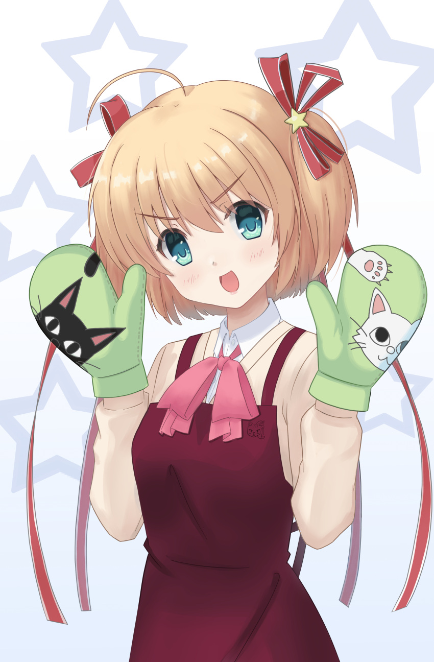 1girl :d absurdres ahoge animal_print apron aqua_eyes blonde_hair blush bow cat_print commentary cowboy_shot doyagao eyes_visible_through_hair green_mittens hair_between_eyes hair_ornament hair_ribbon hands_up highres kamikita_komari little_busters! little_busters!_school_uniform long_ribbon long_sleeves looking_at_viewer mittens mok_kan open_mouth pink_bow print_mittens red_apron red_ribbon ribbon school_uniform short_hair simple_background smile smug solo star_(symbol) star_hair_ornament sweater two_side_up v-shaped_eyebrows w_arms white_background yellow_sweater