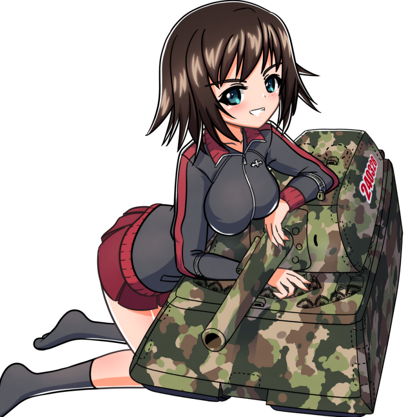 1girl black_jacket black_socks blue_eyes brown_hair dated earlobe1514366 girls_und_panzer girls_und_panzer_ribbon_no_musha grin hida_ema insignia jacket kneeling leaning_forward long_sleeves looking_at_viewer maus_(tank) military_vehicle miniskirt model_tank motor_vehicle pleated_skirt red_skirt short_hair simple_background skirt smile socks solo tank track_jacket white_background