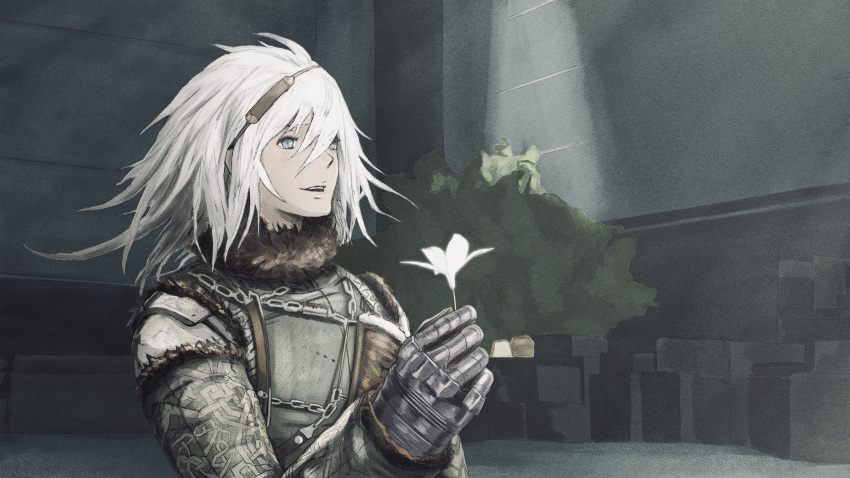 1boy absurdres armor blue_eyes commentary_request eshi_(eshi_lv3) flower from_side gloves hair_between_eyes hair_ornament highres holding holding_flower long_hair looking_ahead lunar_tear male_focus monochrome nier nier_(series) nier_(young) parted_lips smile solo upper_body white_flower white_hair