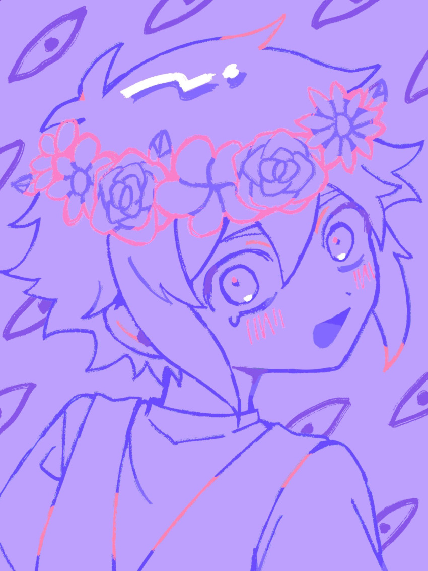 0tz026 1boy basil_(headspace)_(omori) basil_(omori) blush flower head_wreath highres limited_palette looking_at_viewer omori open_mouth overalls smile solo something_(omori)