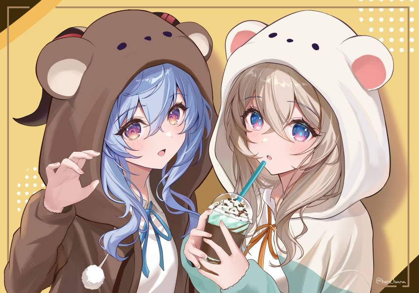 2girls :o absurdres alternate_costume animal_hood artist_name blonde_hair blue_eyes blue_hair blue_ribbon brown_pajamas commentary company_connection crossed_bangs crossover cup disposable_cup drinking_straw duplicate firefly_(honkai:_star_rail) ganyu_(genshin_impact) genshin_impact goat_horns hair_between_eyes hand_up hands_up harukix highres holding holding_cup honkai:_star_rail honkai_(series) hood hood_up hooded_pajamas horns long_hair long_sleeves looking_at_viewer mihoyo milkshake multicolored_eyes multiple_girls neck_ribbon open_mouth open_pajamas orange_ribbon pajamas pink_eyes pom_pom_(clothes) ribbon shirt upper_body violet_eyes white_pajamas white_shirt