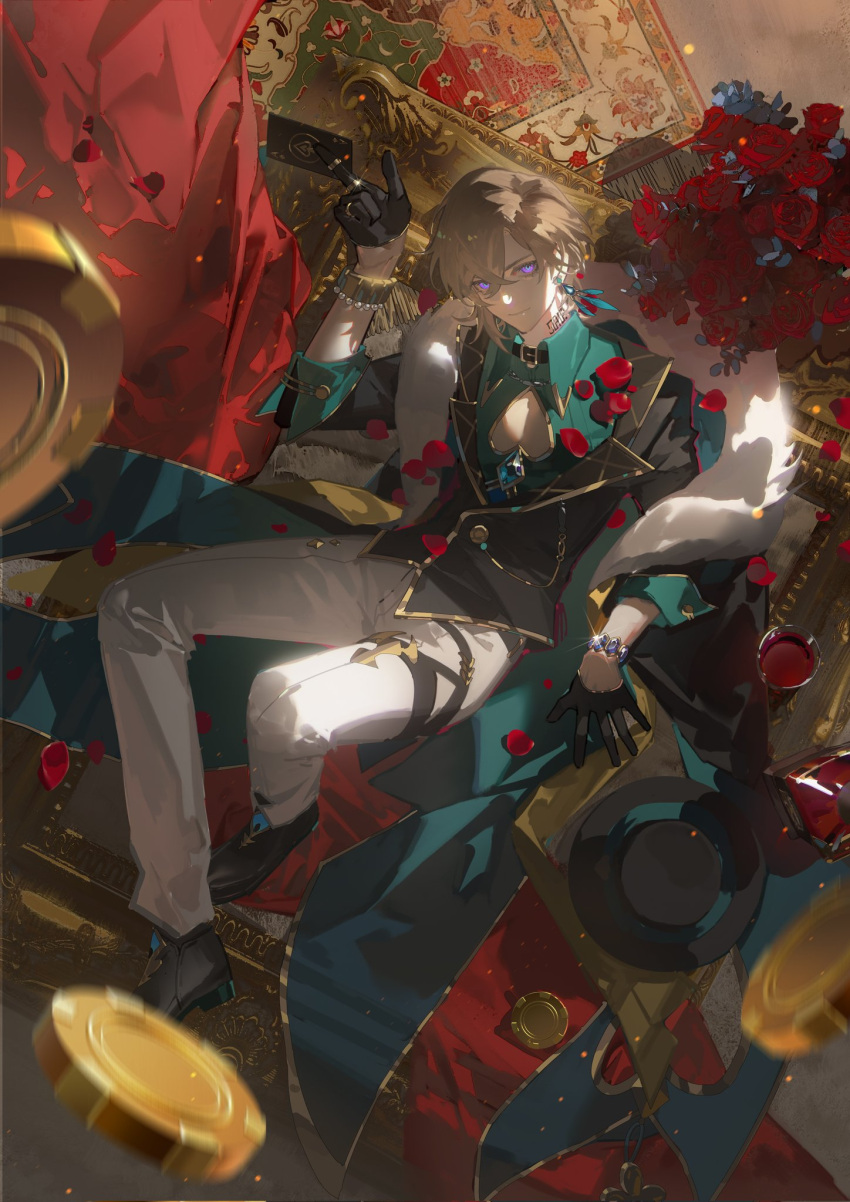 1boy aqua_shirt aventurine_(honkai:_star_rail) black_footwear black_gloves blonde_hair bracelet card closed_mouth clothing_cutout collared_shirt earrings flower fur_trim gloves highres holding holding_card honkai:_star_rail honkai_(series) jewelry looking_at_viewer male_focus multicolored_eyes neck_tattoo pants playing_card red_flower red_rose ring rose shirt short_hair shuangbatian sitting solo tattoo two-tone_eyes watch watch white_pants