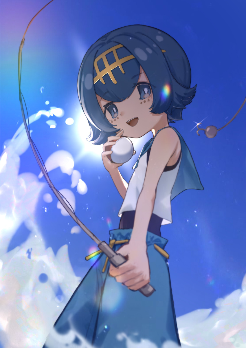 1girl absurdres blue_hair blue_shorts blue_sky bright_pupils clouds day fishing_rod hairband highres holding holding_fishing_rod lana_(pokemon) looking_at_viewer nekoballp no_sclera outdoors poke_ball pokemon pokemon_sm shirt shorts sky sleeveless sleeveless_shirt solo swimsuit swimsuit_under_clothes white_pupils white_shirt yellow_hairband