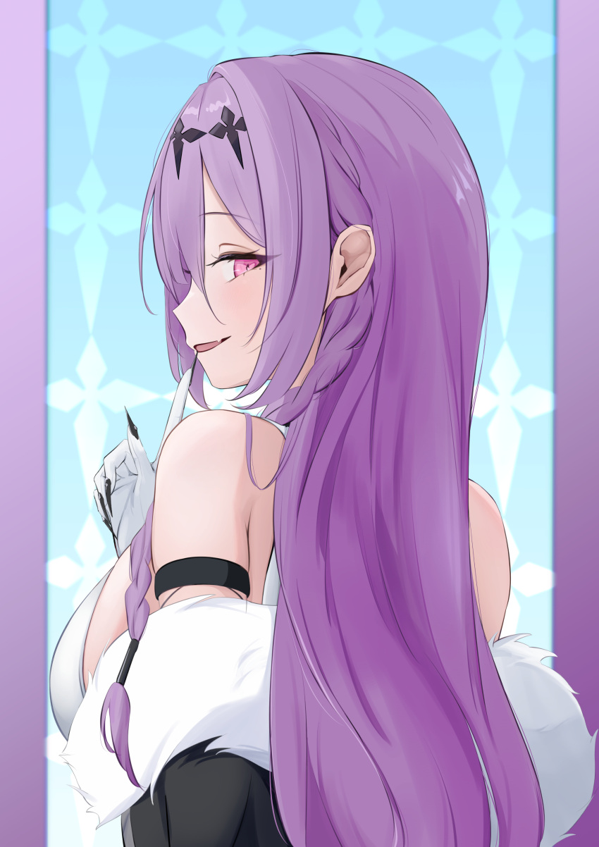1girl absurdres aonossco azur_lane bare_shoulders braid coat finger_to_mouth from_behind fur-trimmed_coat fur_trim gloves hair_ornament highres light_blush long_hair looking_at_viewer looking_back parted_lips pink_eyes poltava_(azur_lane) purple_hair seductive_smile smile solo white_coat white_gloves