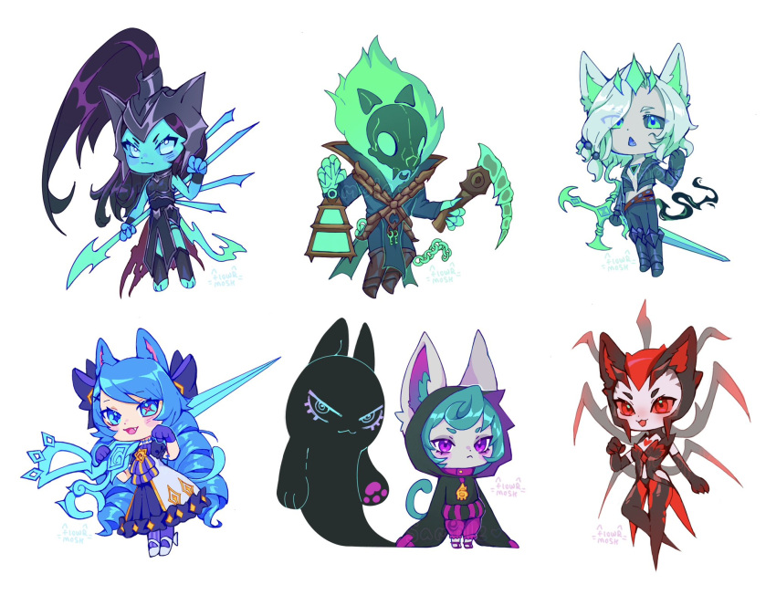 2boys 4girls :d animal_ears arthropod_limbs black_gloves black_hair black_hoodie black_thighhighs blush cat_boy cat_ears cat_girl cat_tail drill_hair elbow_gloves elise_(league_of_legends) fang full_body gloves green_hair grey_hair gwen_(league_of_legends) hand_up highres holding holding_lamp holding_polearm holding_scythe holding_weapon hood hood_up hoodie kalista knol_(flowrmosh) league_of_legends long_hair looking_at_viewer medium_hair multiple_boys multiple_girls polearm red_eyes redhead scythe shoes short_hair simple_background smile spear standing tail thigh-highs thresh_(league_of_legends) triangle_mouth twin_drills twintails very_long_hair vex_(league_of_legends) vex_shadow_(league_of_legends) viego_(league_of_legends) weapon white_background white_hair