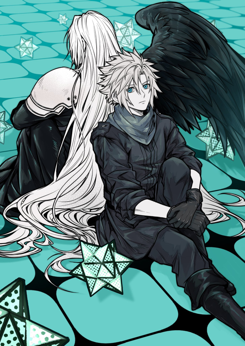 2boys armor back-to-back black_coat black_wings blue_background blue_eyes blue_theme boots chinese_commentary cloud_strife coat commentary_request crisis_core_final_fantasy_vii facing_away feathered_wings final_fantasy final_fantasy_vii frogccc333 gloves highres hugging_own_legs knee_up limited_palette long_hair looking_to_the_side male_focus multiple_boys pants pauldrons scarf sephiroth shirt short_hair shoulder_armor single_wing sitting sleeves_rolled_up star_(symbol) very_long_hair wings